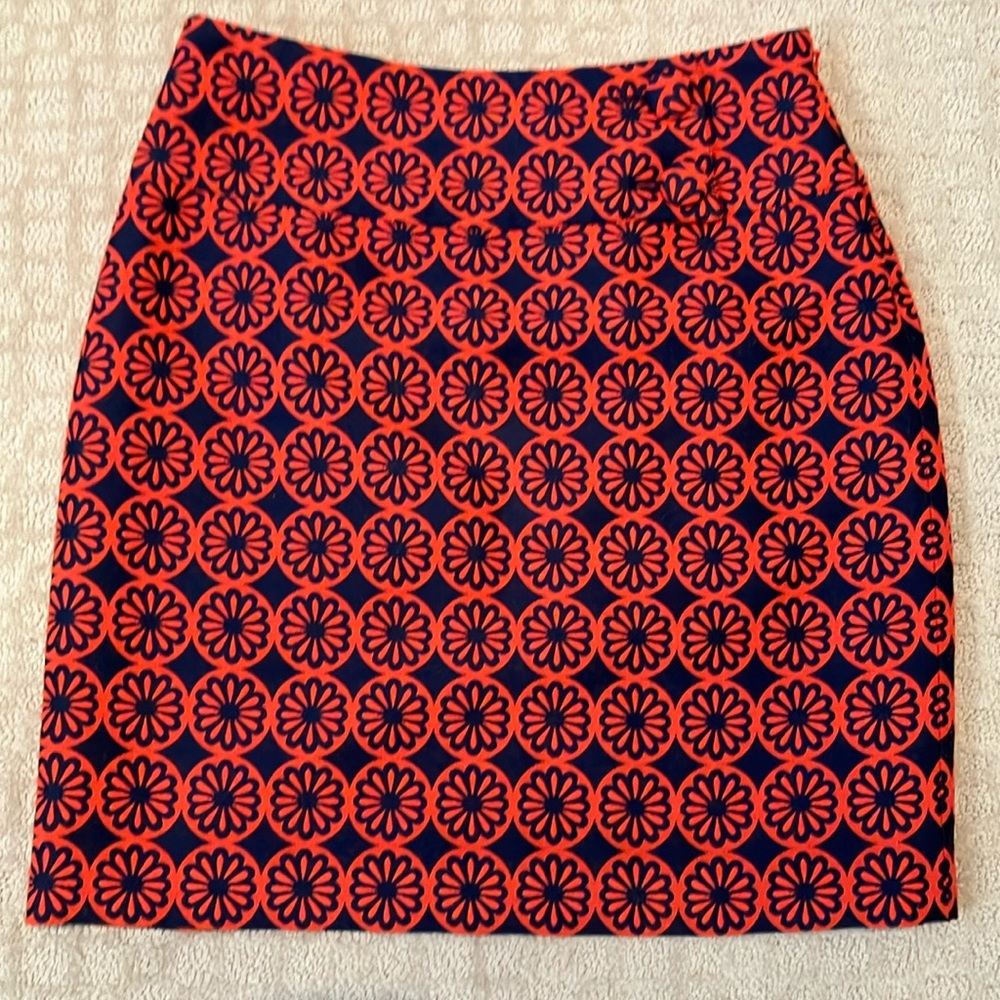Fabulous navy and orange print wool blend skirt with side zip
